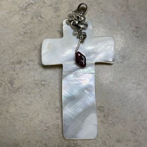 .925 sterling silver and opalescent shell cross, necklace pendant.